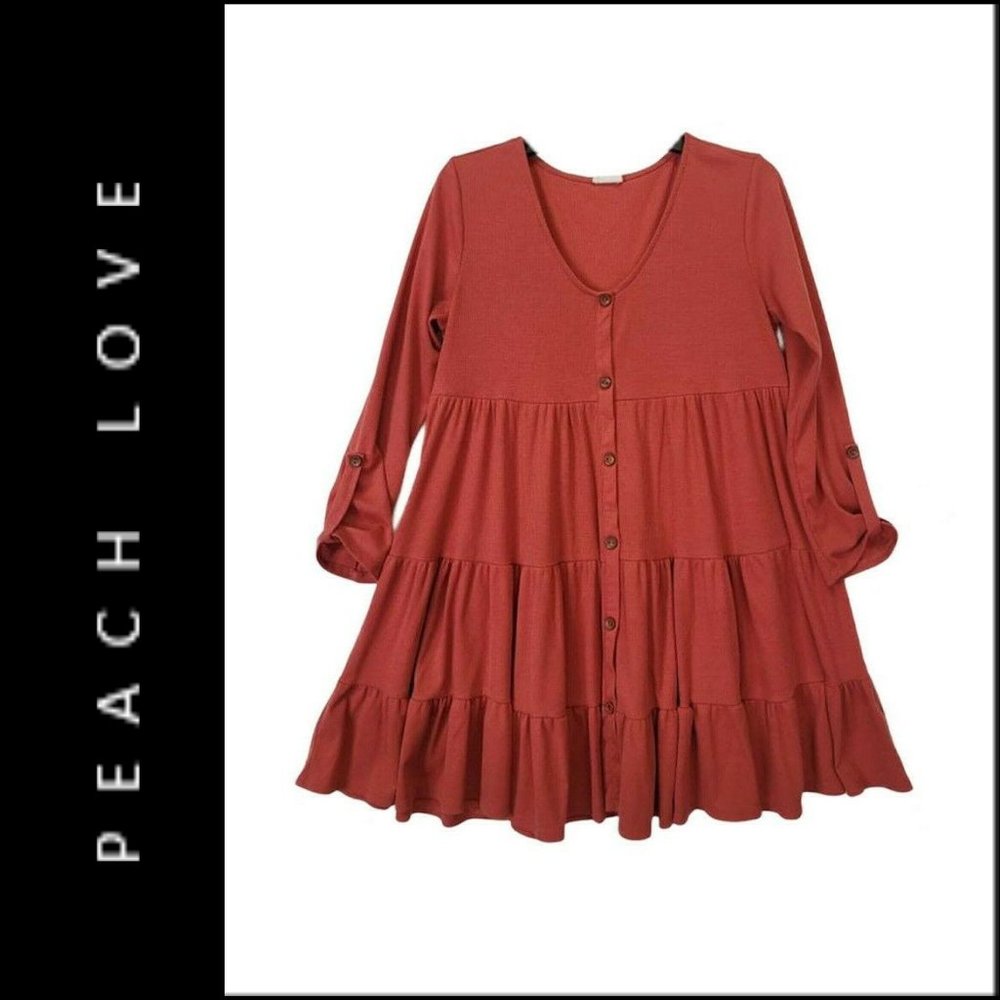 Peace Love Bell Sleeve Button Front Boho Dress